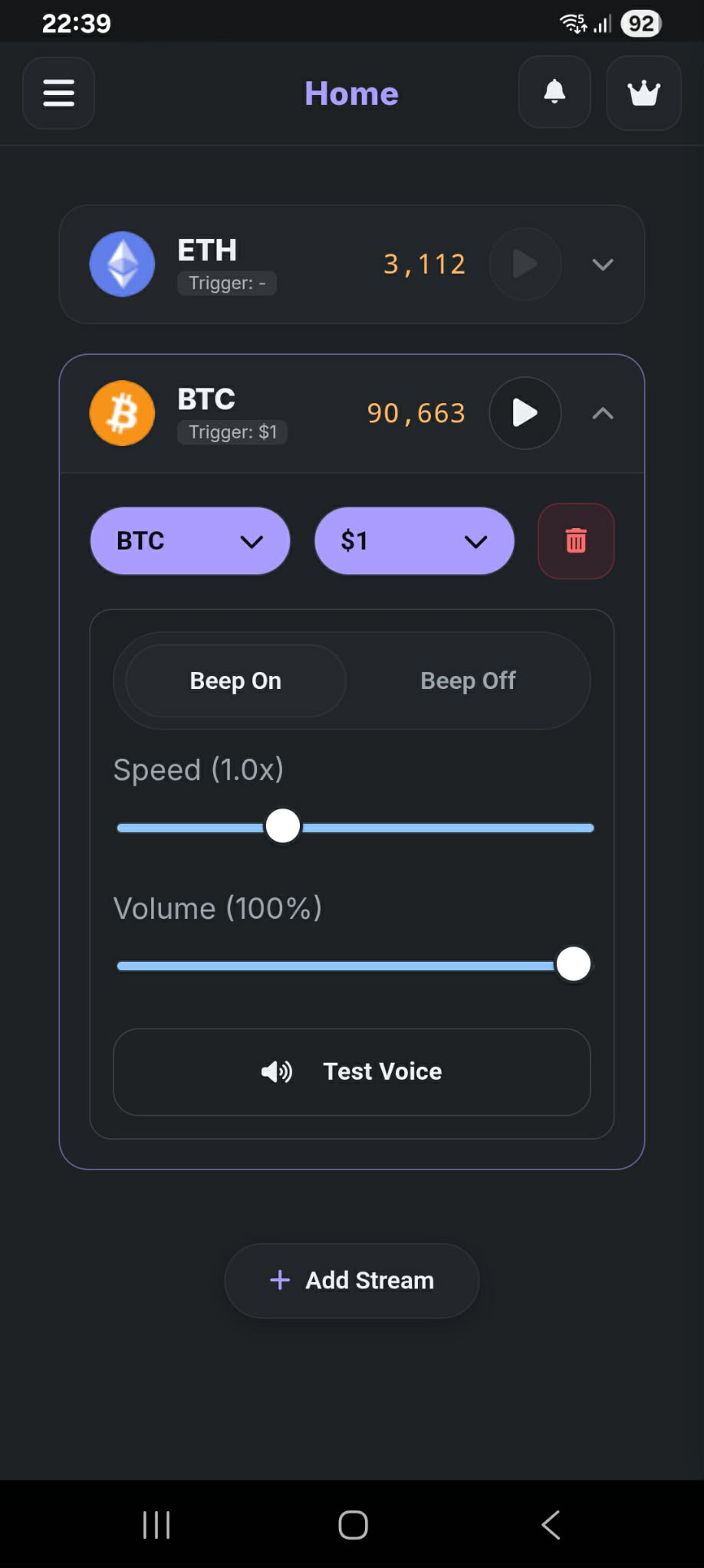 Android app showing live Bitcoin price tracking with voice alerts